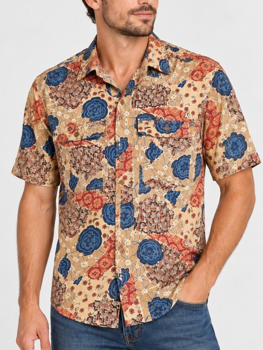 STUNT COLLECTION | Men's Vintage Tan Medallion Floral Silk Shirt Size L